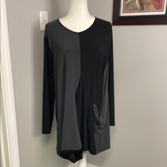 Sun Kim Two Tone Colorblock Lagenlook Tunic Black Gray Mature Artsy Teacher 1X - Picture 1 of 5